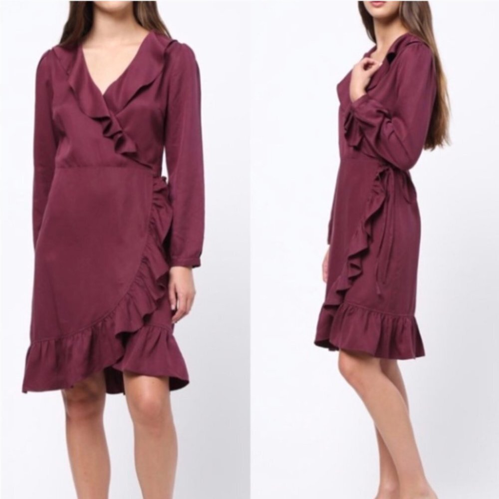 ANTHROPOLGIE mo:vint Tencel Plum Purple Ruffle Wrap Dress Size Small